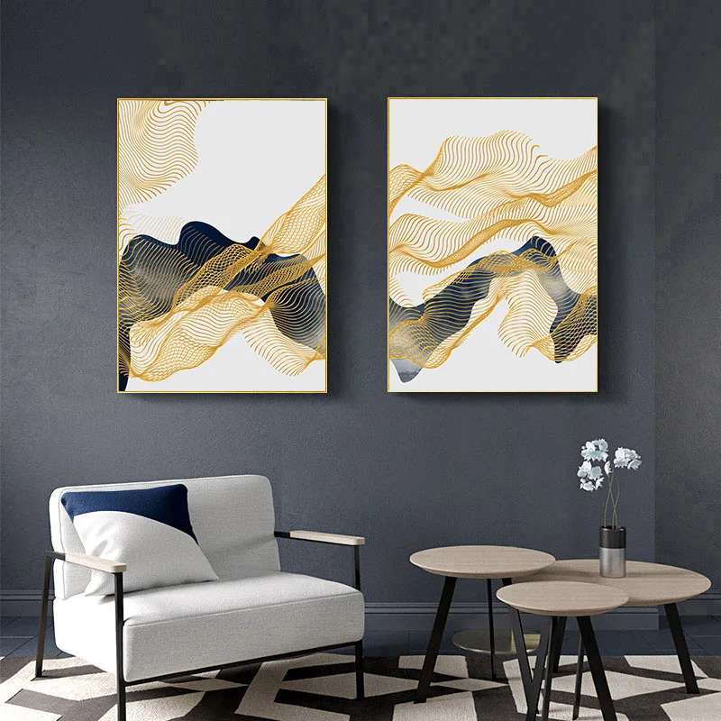 Абстрактная живопись Золотая линия скандинавский настенный постер на холсте