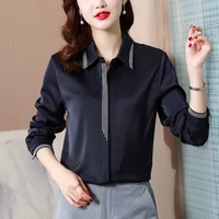 elegant vintage long sleeve women satin blouses 2022 new stripe embroidery loose work shirt covered button casual top clothing