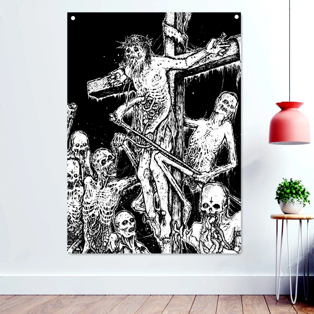

Death Metal Artist Macabre Art Print Banners Wall Painting Black/White Skull Flags Terrible Demon Halloween Poster Tapestry D4