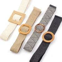 womens straw knitted elastic belt girl holiday seaside bohemian ethnic style round square button wax rope woven wide belt strap