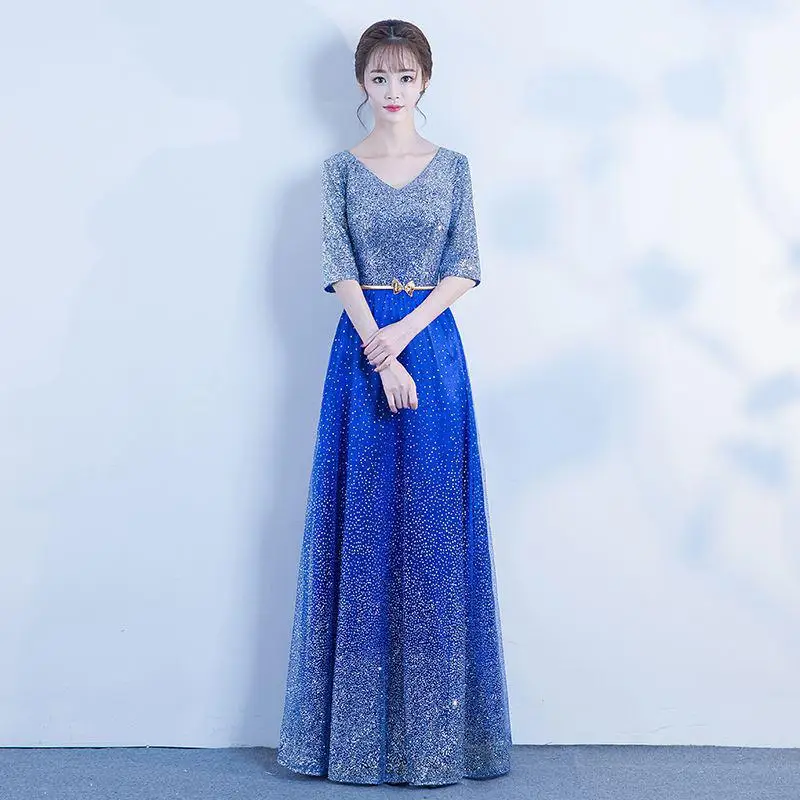 Женские Роскошные Блестки с поясом v-образным вырезом Сексуальные Cheongsam Chinsese Qipao Цвет Новинка вечерние платья макси плюс размер 3XL 4XL - Цвет: Royal Blue