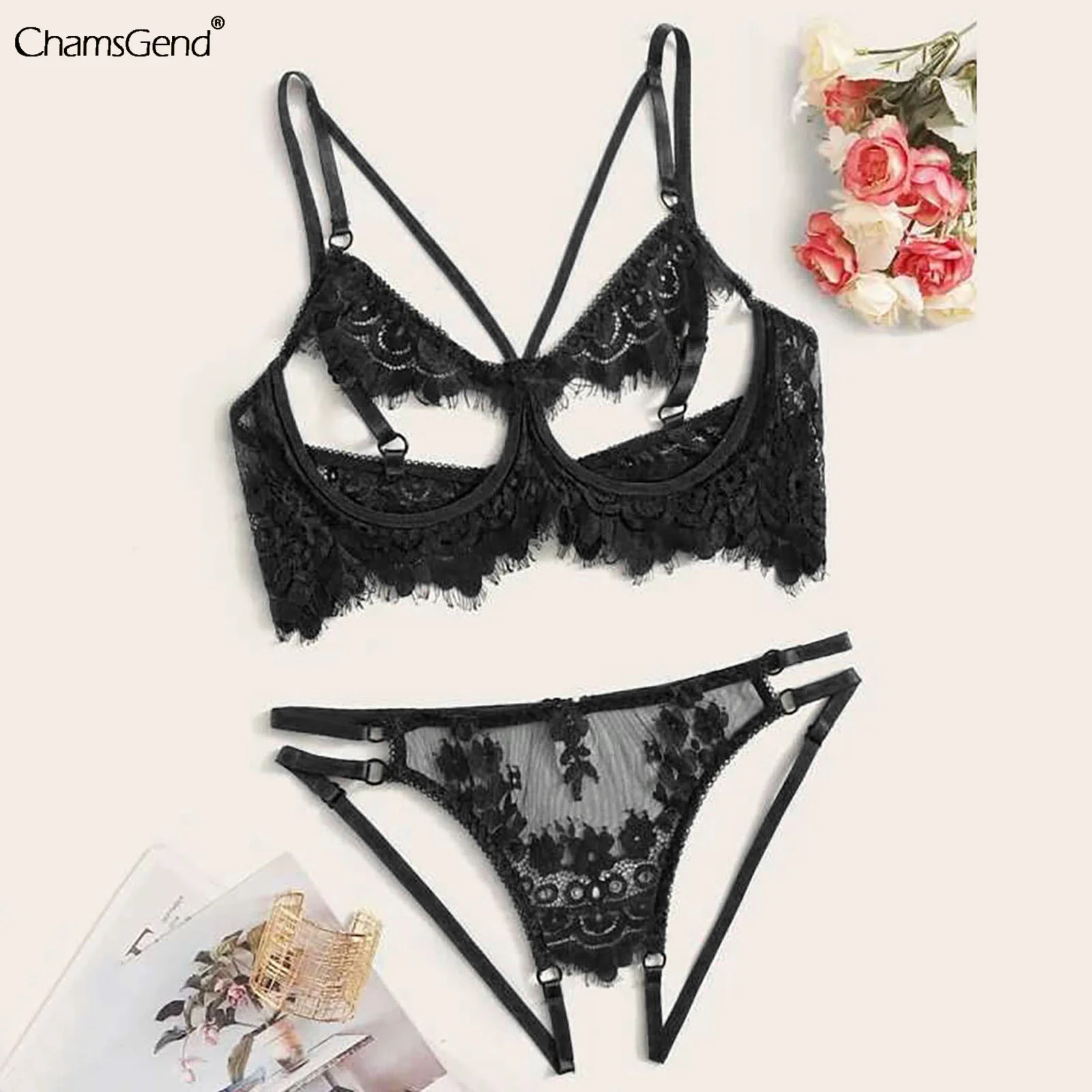

Fashion Women's Bra Panties Set Push Up Sexy Lingerie Perspective Hollowing Lace Underwear Garters Thong Suit G-string Panties