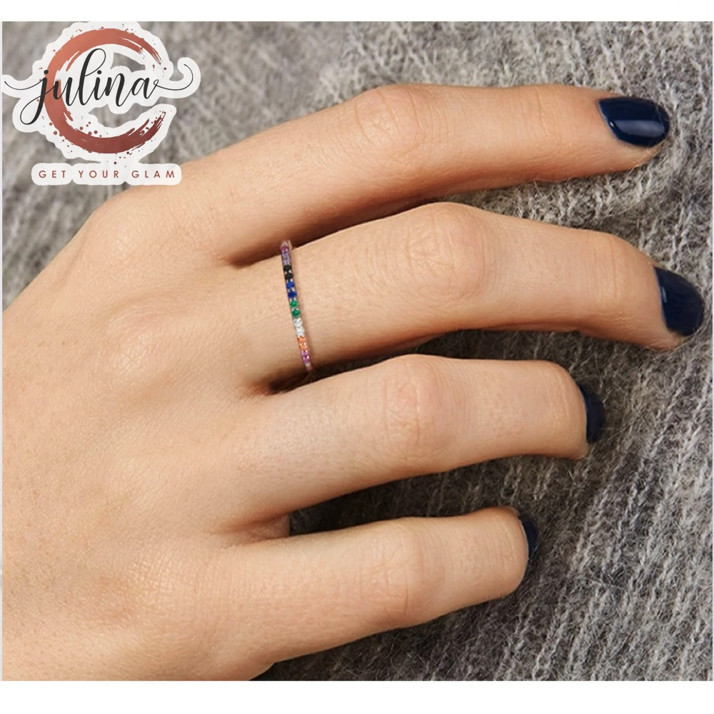 

Top Fashion Trendy Colourful Sterling Silver With Multicolor Zircon Birthstone American Fashion Rainbow Ring For Women