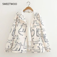 kawaii graffiti cat cartton print women jacket loose japan style cute white hooded zipper basic coat harajuku preppy outwear new