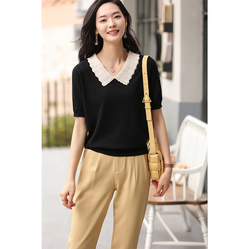 

Women's POLO neck skin-friendly fashion v-neck jumper with short sleeves