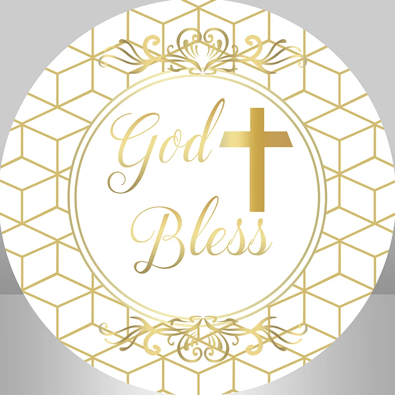 God Bless Round Background Gold Baby Shower First Holy Communion Party Decoration Banner Circle Backdrop Cover