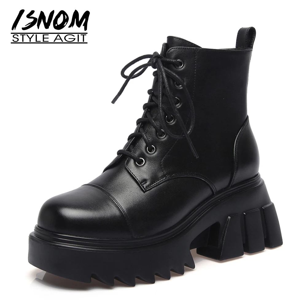 

ISNOM Wedges Ankle Boots Women Leather Skid Proof Thick Platform Booties Cross Tied Woman Shoes Casual Female Boot Black