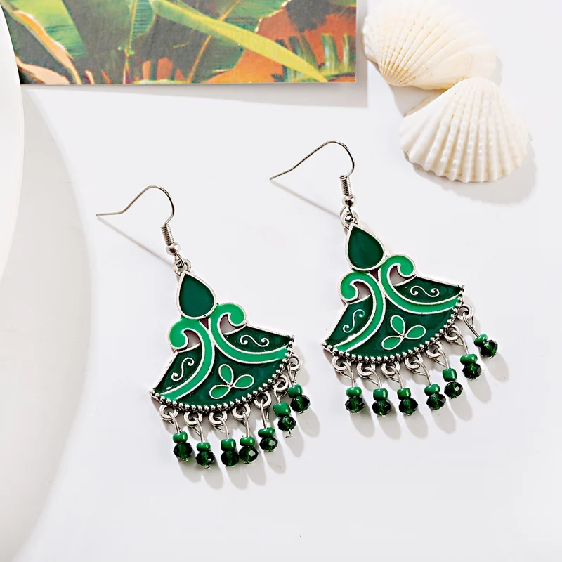 Богемные висячие серьги с зелеными бусинами в форме цветка для женщин винтажные