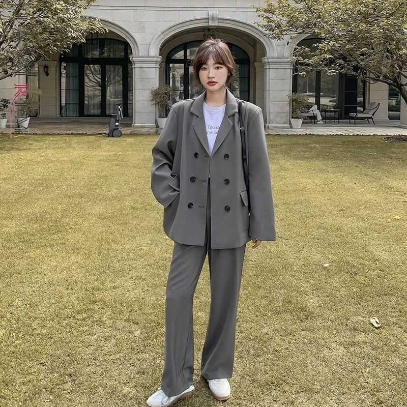 

LANMREM Gray Suit Set for Women Causal Loose Blazer With High Waist Pants Female Fashion Sets 2022 Autumn New Arrival 2C2250