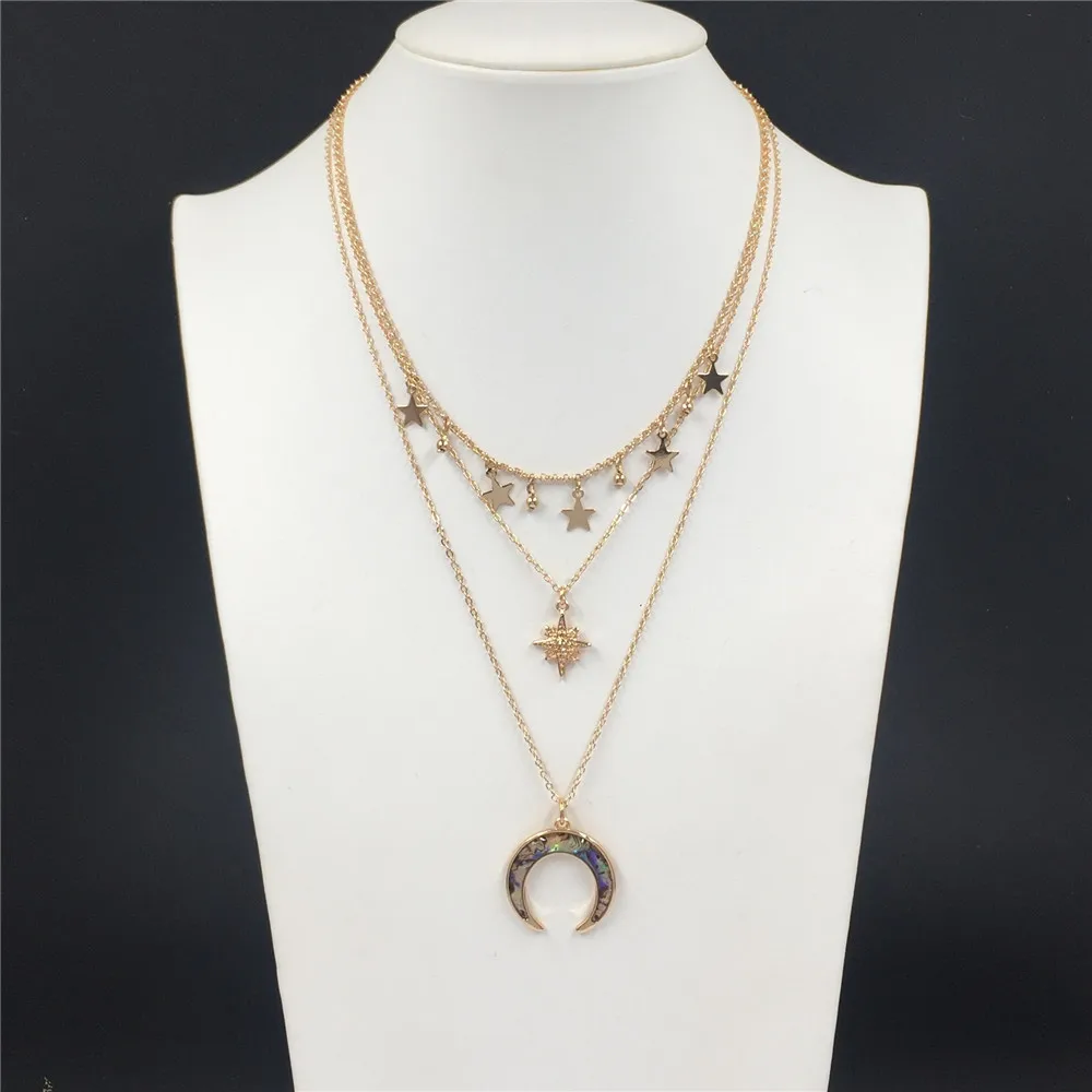 

Trendy Gold Color Plating Star Shell Decorated Horn Layered Necklace For Women Bohemia Gorgeous Decoration Jewelry Accessory