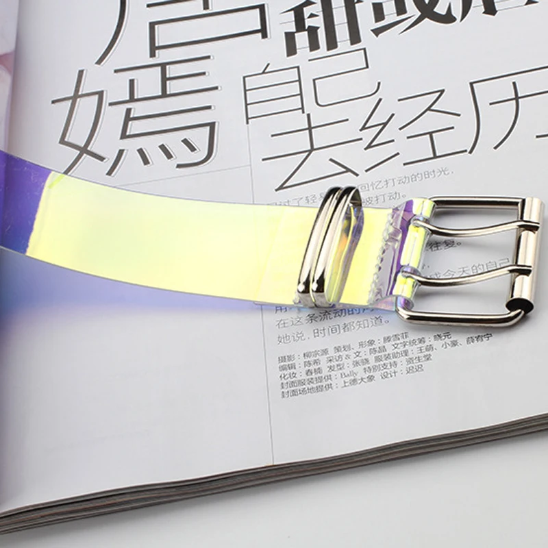 

Women Waist Belt Laser Metal Buckle Casual Decoration Pin Transparent Waistband With Matal Chain Fashion Lady Girls