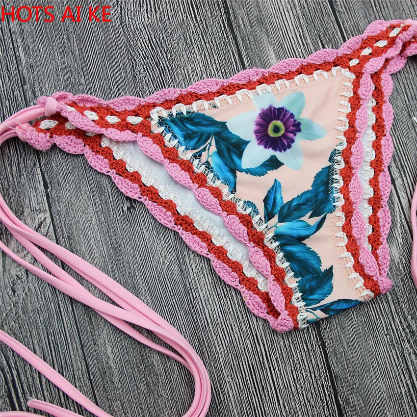 

Sexy Crochet Bikini Suit Pink Triangle Swimming Handmade Swimsuit Knit Padded Swimwear Beach Bathing Suit Push Up