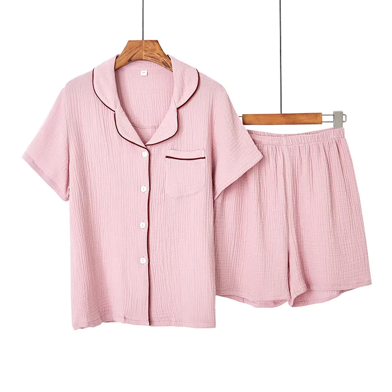

2020 Summer New Cotton Pajamas Suit Female Double-Layer Yarn Simple Solid Color Short-Sleeved Home Service