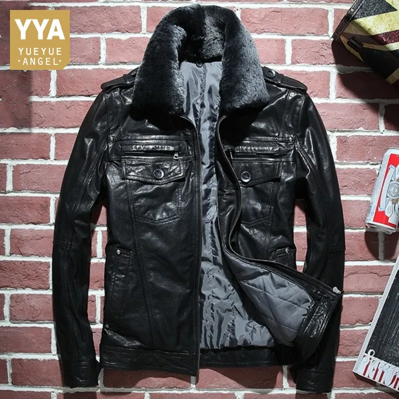 

Мужская короткая мотоциклетная куртка из натуральной овечьей кожи, на молнии