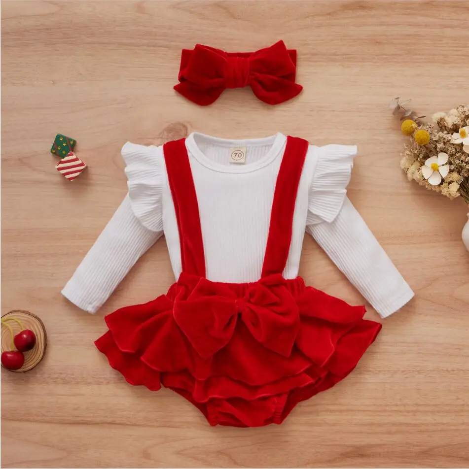 

Newborn Baby's Clothes Girls Romper Three-piece Solid Color Long Sleeve Tops Suspender Shorts Headdress Children's Clothing Set