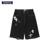 tideshec hip hop hole denim shorts embroidery cross shorts streetwear loose shorts over size spring and summer punk shorts