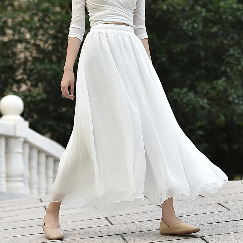 

2022 Summer New Elastic High Waist Thin Simple Solid Color Chiffon Culottes Casual Loose Women Dance Long Skirt Free Shipping