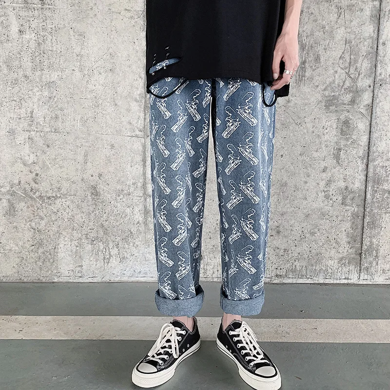 

Men's Graphic Printed Jeans 2021 Woman Korean Streetwear Denim Pants Male Hip Hop Straight Denim Trousers Fashion Mens Clothing