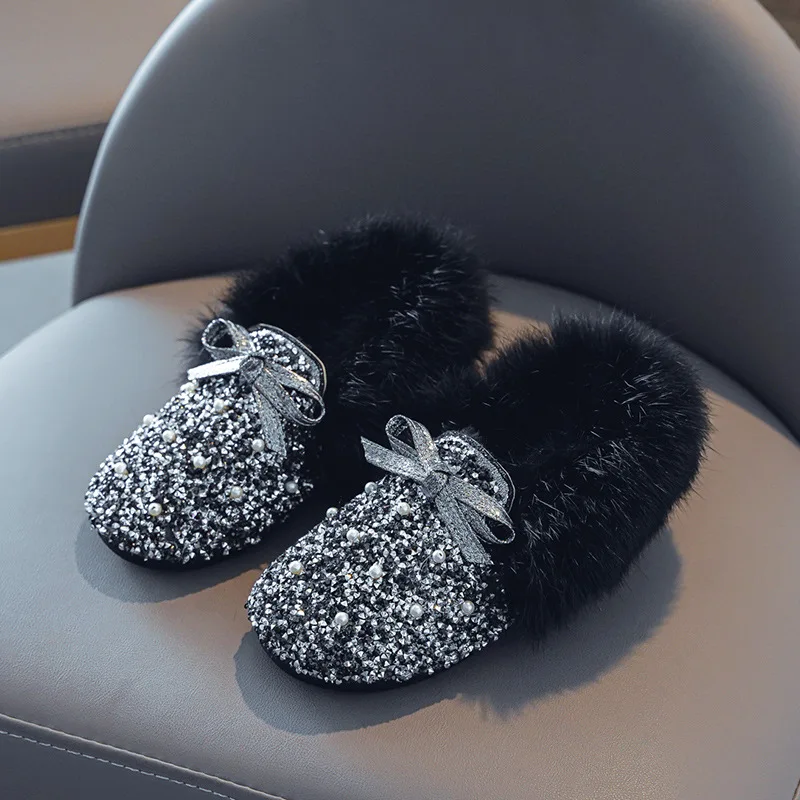 Детская осенне-зимняя теплая хлопковая обувь с бантом для девочек универсальная