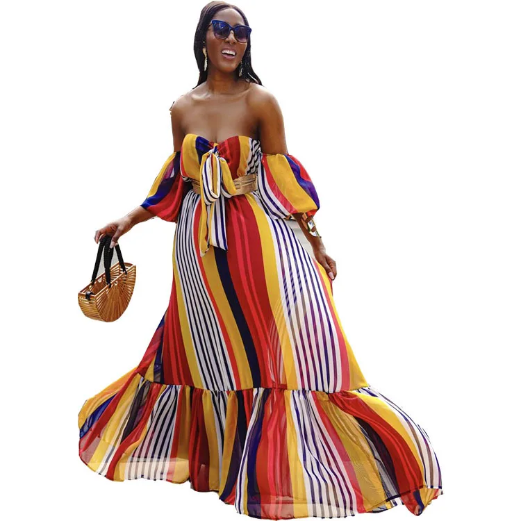 

Maxi Dresses for Women Stripe 2021 Summer Fashion Sexy Color Matching Pleated Off Shoulder Chest Wrapping Temperament Elegant