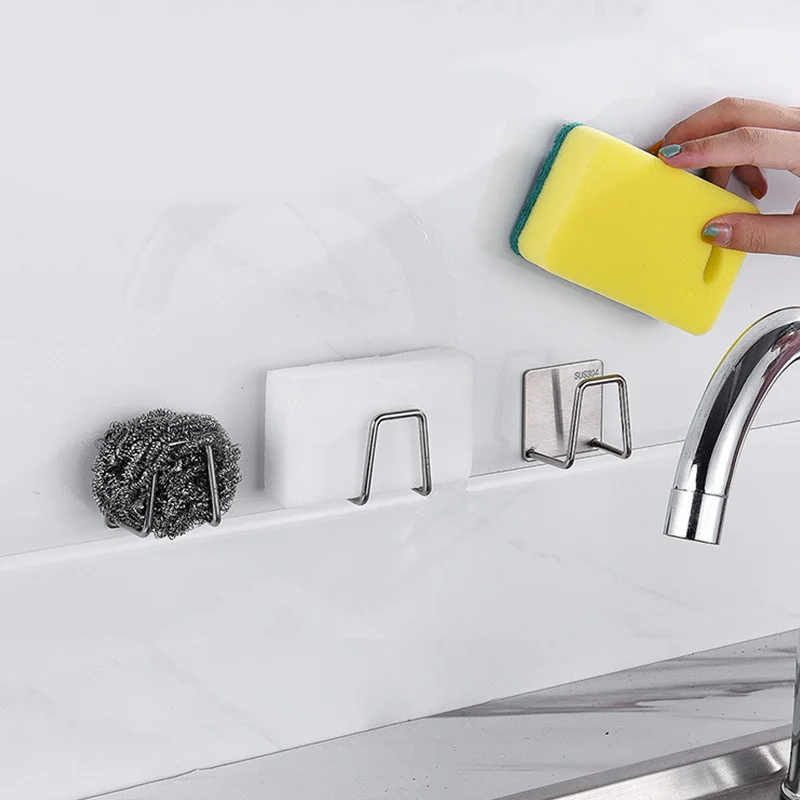 

Stainless Steel Washing Sponges Holder Hooks Self Adhesive Sink Sponges Drain Drying Racks Organizer Kitchen Sink Accessories