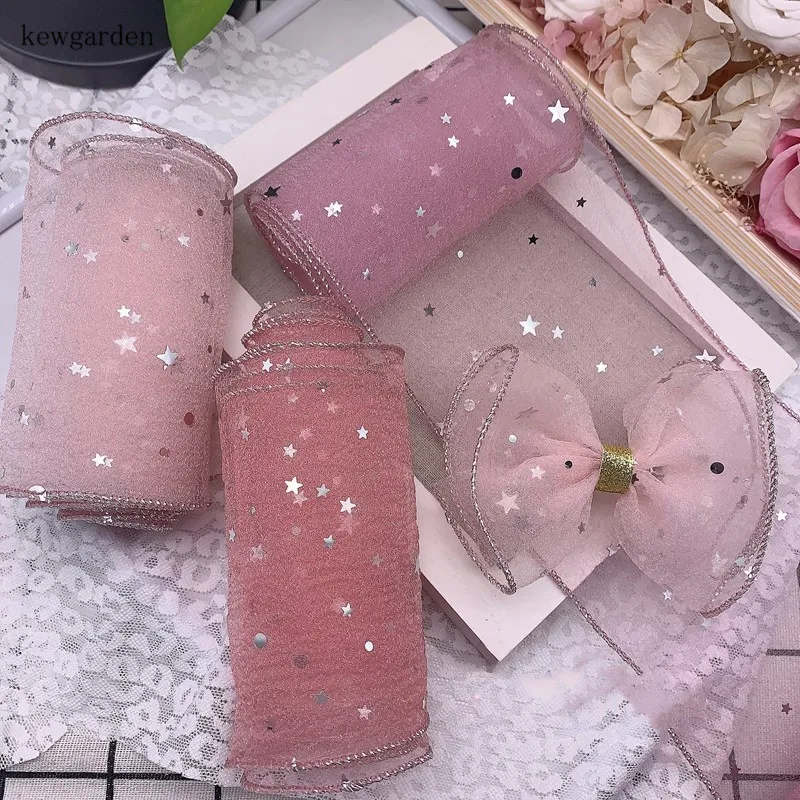 

Kewgarden 11cm Sequin Star Silver Edge Voile Ribbon Handmade Tape DIY Hairbow Corsage Accessories Wholesale 20 Meters