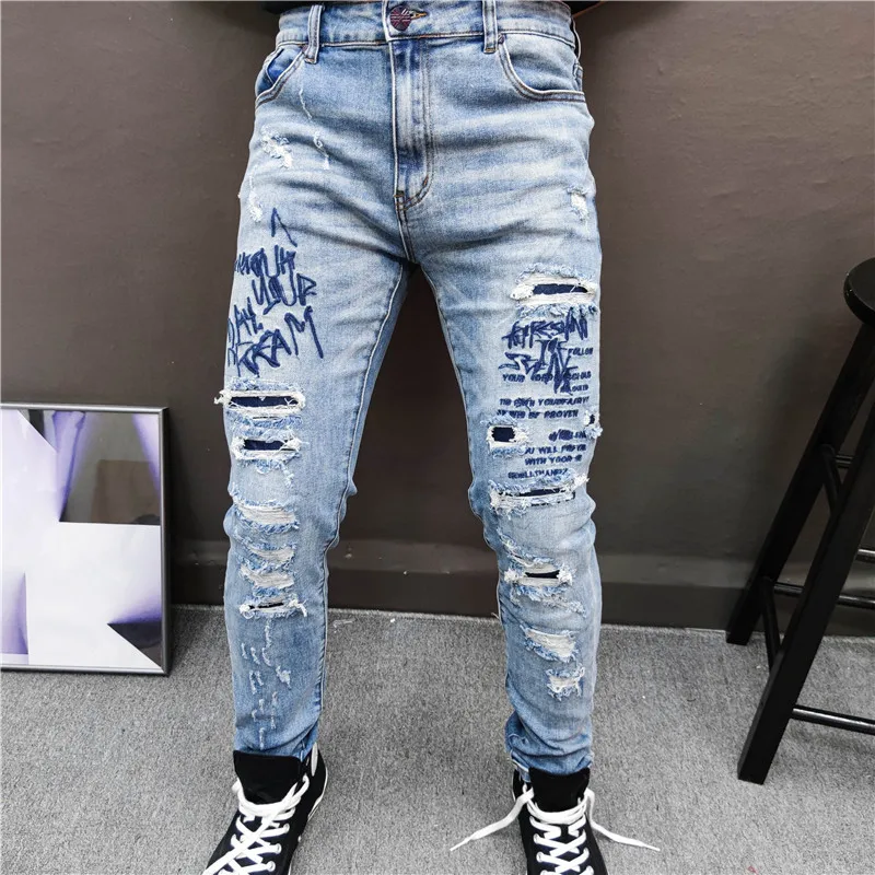 

Erkek Jean Pantolon Autumn Personalized Jeans Homme Fashion Mens Pants Embroidery Jeans Men Slim Calf Pants Men Moda Hombre 2021