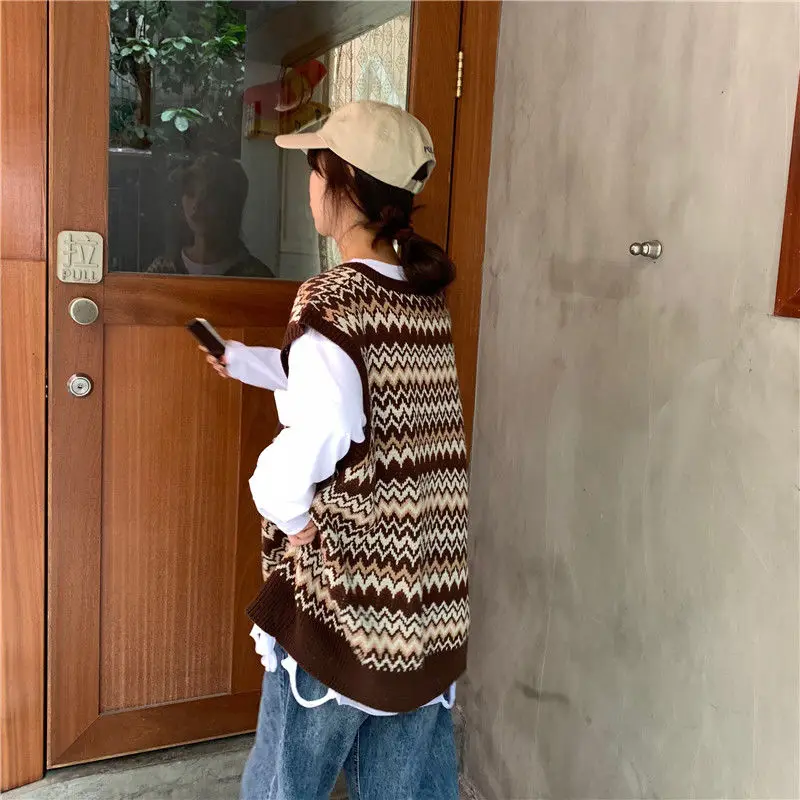 

V-neck Sweater Vest Women Striped Loose Autumn Korean Preppy-style Vintage All-match Fashion Knitted Students Sleeveless Leisure