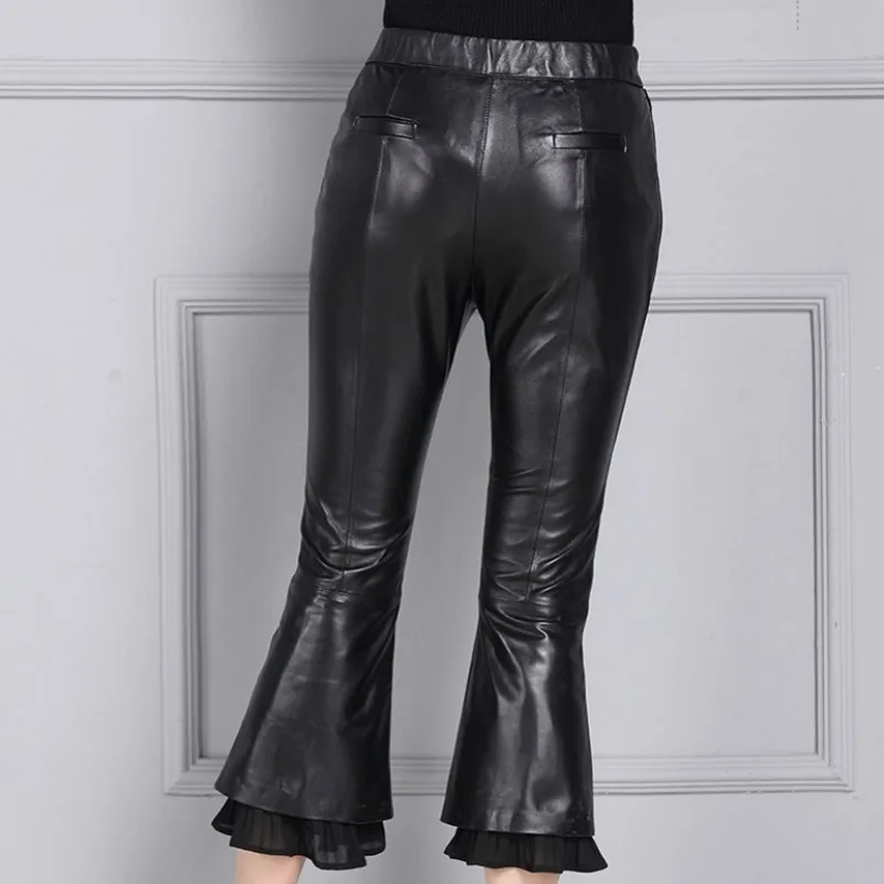 

New Fashion Women Top Quality Sheepskin Real Leather Flare Calf Length Office Ladies Elastic Waist Bell-bottomed Pants 4XL