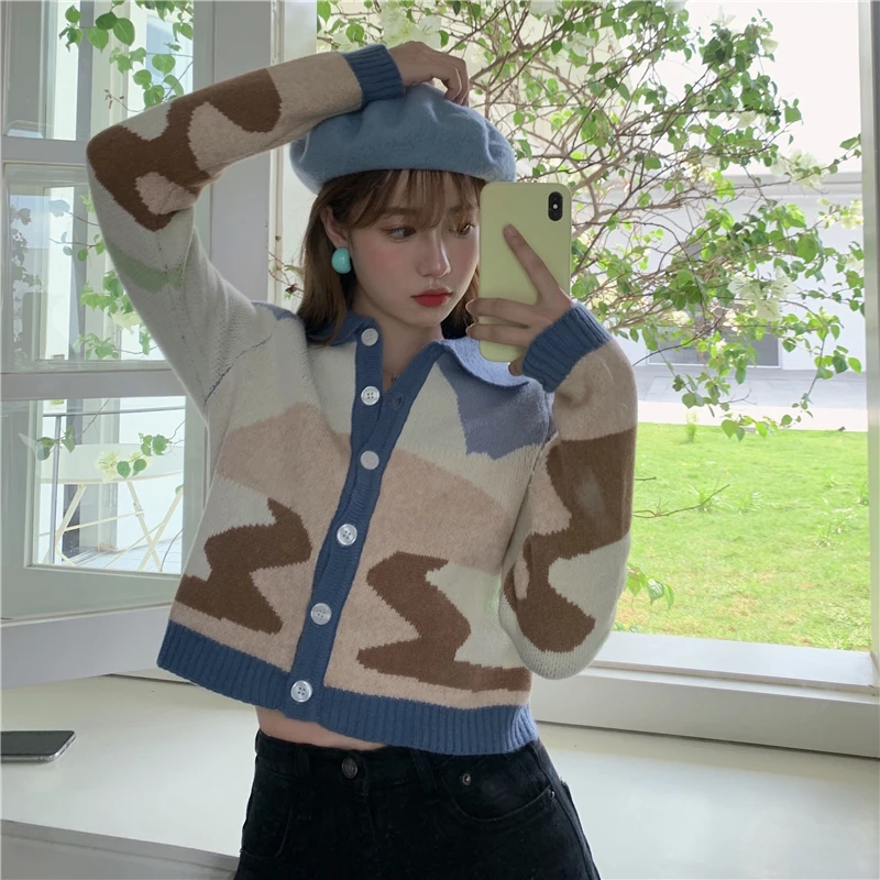 

Loose Casual Ins Contrast Sweater Female Korean Harajuku Women's Sweaters Japanese Kawaii Ulzzang Vintage Clothing For Women