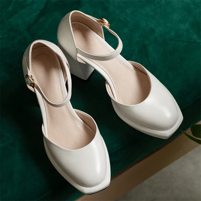 

Meotina Platform High Heels Shoes Women Natural Genuine Leather Round Toe Buckle Pumps Thick Heel Laddies Footwear Spring White