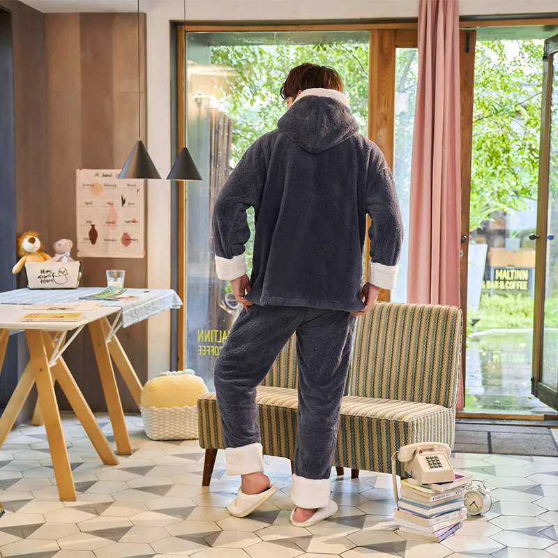Winter Pajamas Loose Version Lady's Sleepwear Flanner Pajama set Contrast Color Woman женский Nightdress Hooded Lovers Pajamas