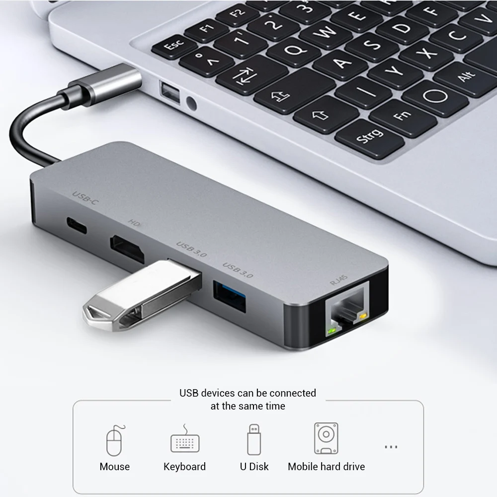 

Type C Hub 5 Ports Type-C to RJ45 PD Fast Charging 4K HDMI-Compatible USB 3.0 Adapter 5Gbps Splitter Hub for Laptop Phone
