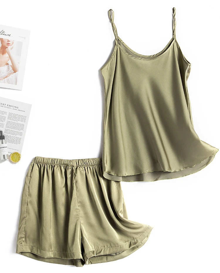 Пижама женская из 2 предметов шелковая однотонная с майкой и шортами | Женская