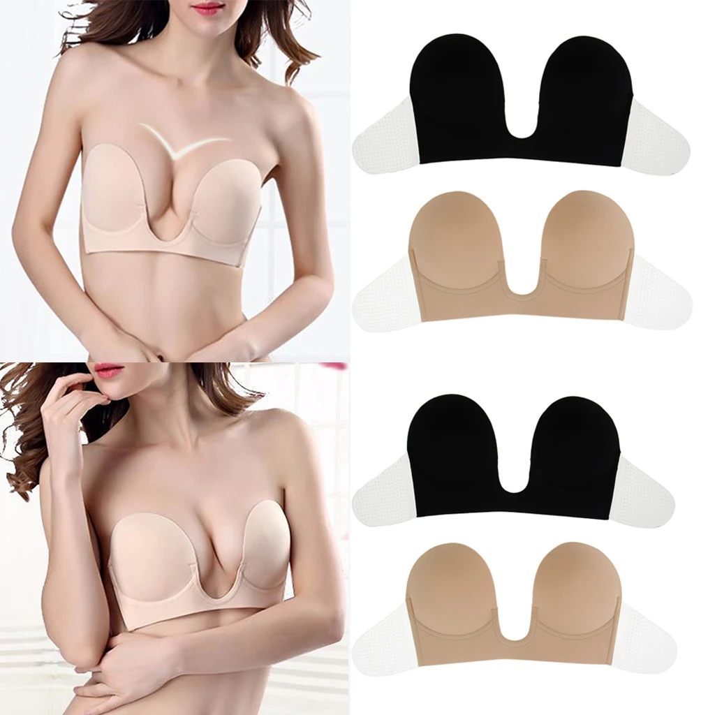 

Prettyia Women Silicone Adhesive Deep U Push Up Gel Strapless Invisible Bra