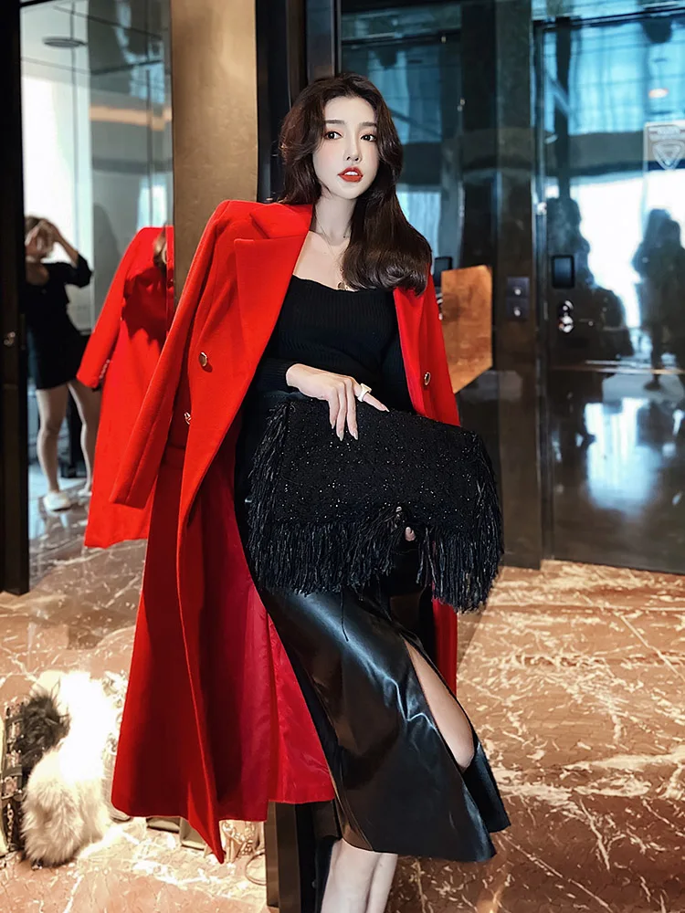 

Женское длинное двубортное пальто, красное твидовое кашемировое пальто в Корейском стиле, Осень-зима 2021