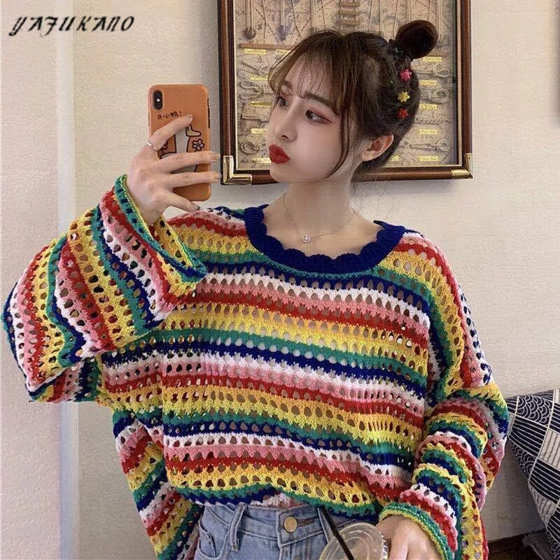 Rainbow Women Sweetshirts Vintage Mesh Clothes Cute Knitted Top Oversize Long Sleeve Aesthetic Pullover Korean Fashion
