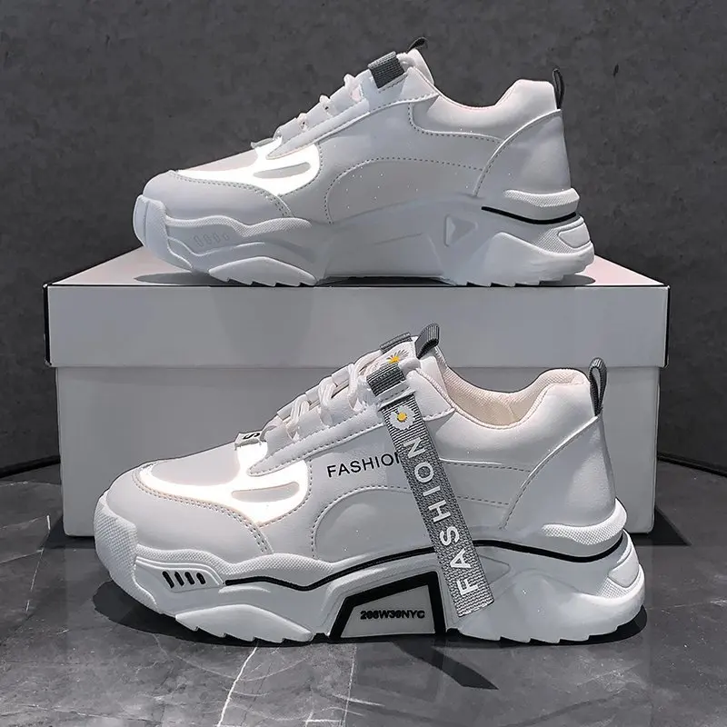 

Fashion Spring Reflective Platform Sneakers Women Shoes Korean Lace Up Chunky Sneakers Mixed Color Women's Vulcanize Shoes 2021