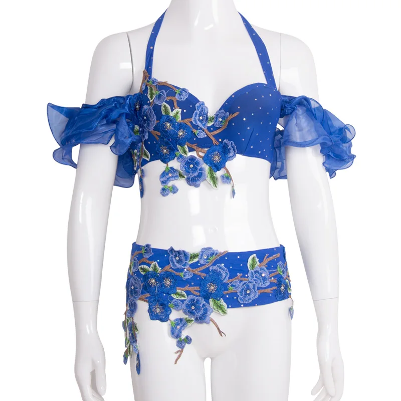 Blue-2pcs set Новая взрослая женские живота Танцы костюм живота Танцы юбка для выступлений на сцене 2/3 шт. бюстгальтер, пояс, юбка дети живота одежда - Цвет: Blue-2pcs set
