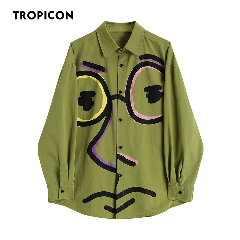 

TROPICON Graffiti Designer Green Baggy Shirt For Women Fashion Lantern Long Sleeve Top Button Up Collared Aesthetic Shirt Autumn
