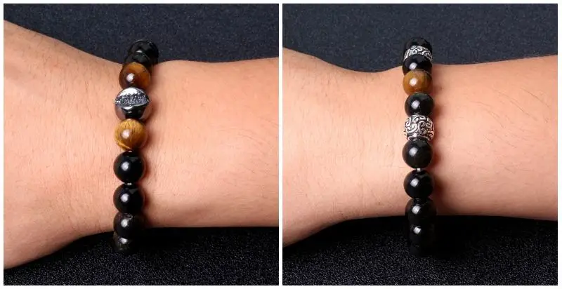 10mm Gold Obsidian Stone with Tiger Eye Beads Men Women Unisex Wristband Black Wealth and Good Luck Bracelet | Украшения и