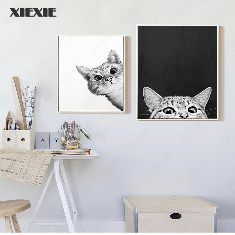 

Simple Nordic Style Prints Cartoon Cat Posters Canvas Painting Wall Art Black and White Pictures Baby Kids Room Home Decoration