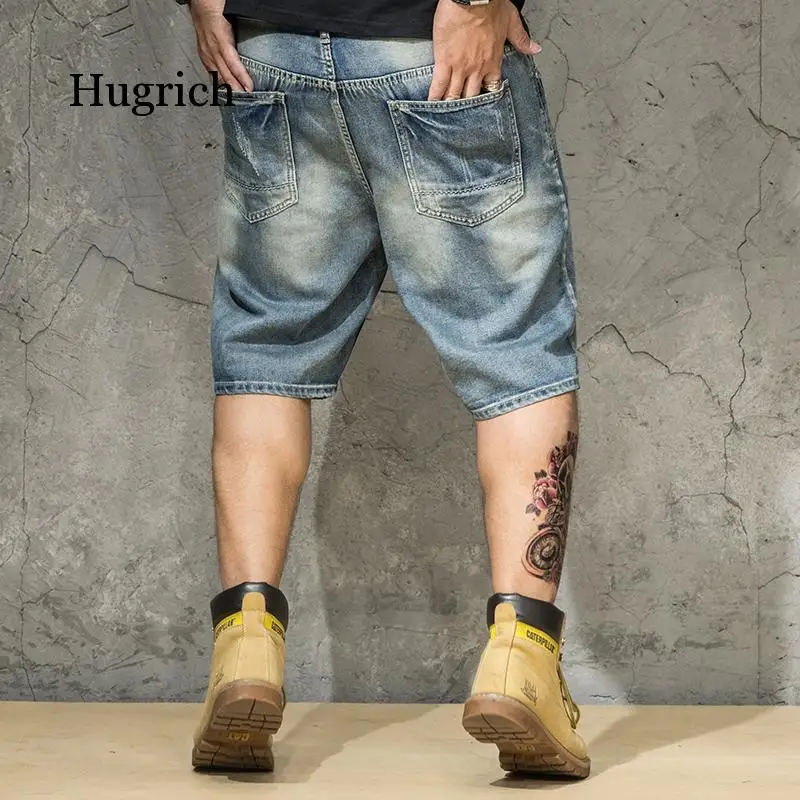 

Summer New Men's Loose Straight Ripped Denim Shorts High Quality Plus Size 40 42 44 46 Light Blue Hole Jeans Short Male