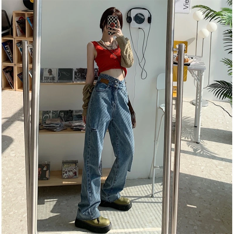 

High waist ripped jeans women casual 2021 autumn streetwear Korean fashion baggy straight wide leg ladies denim pants