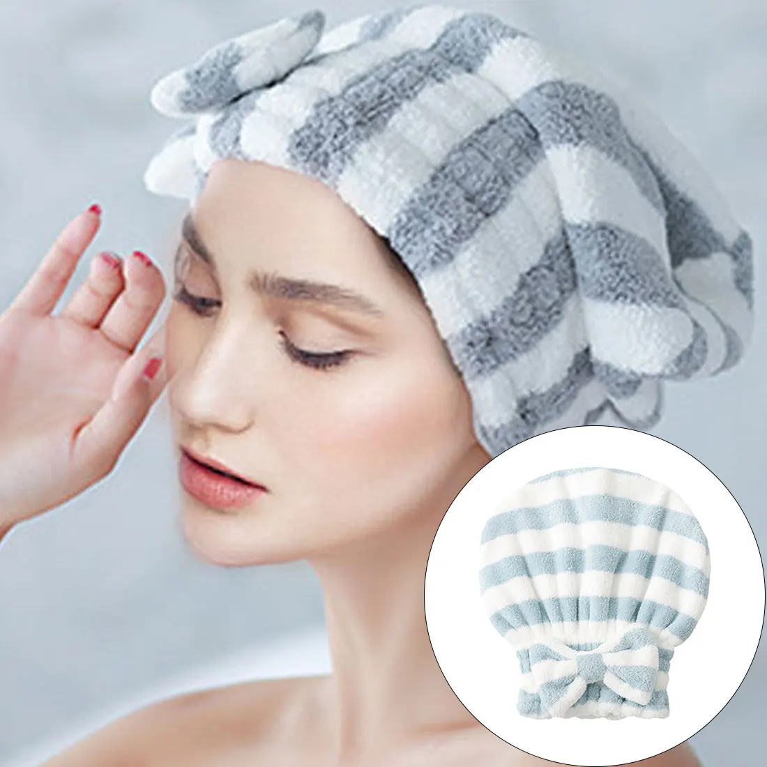 

Bowknot Dry Hair Towel Quick-drying Hair Cap Shower Cap for Women Striped Pattern Super Absorbent Bath Accessories