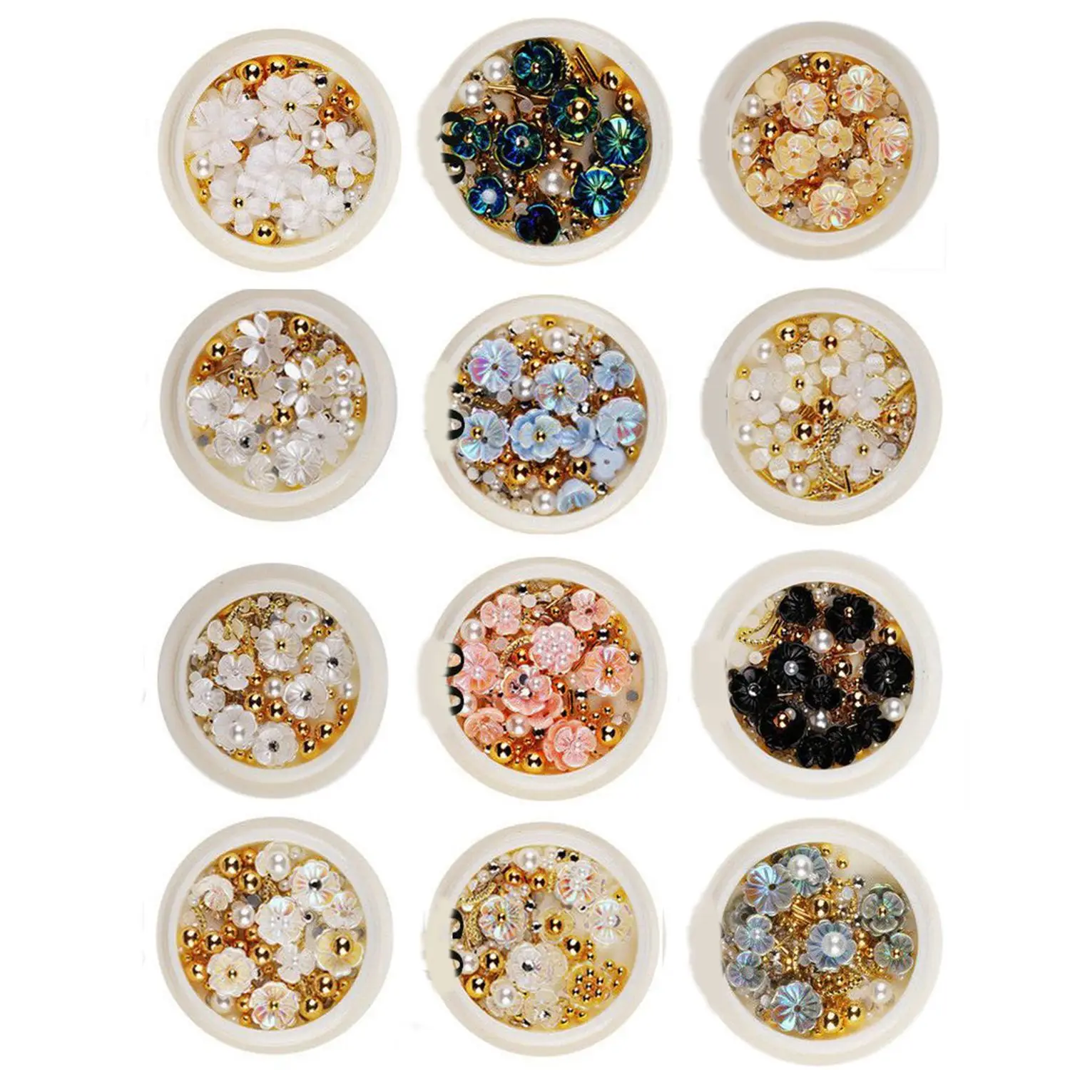 

12 коробок для дизайна ногтей 3D Роза цветок Стразы украшения Драгоценные камни ракушки бусины Смешанные Металлические модные украшения для ...