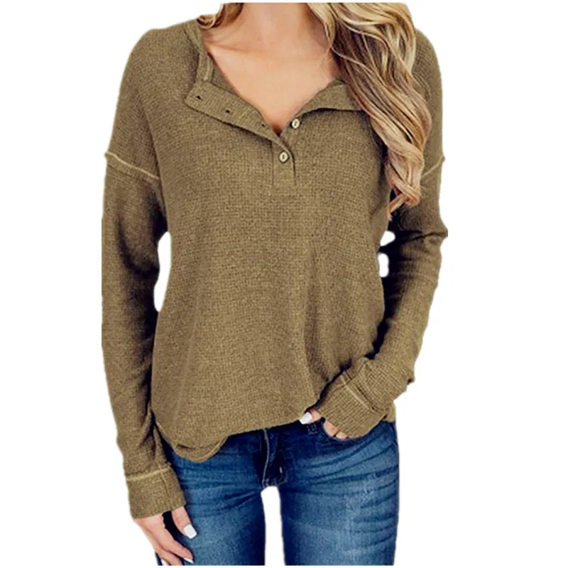 

Goowrom 2019 Women Casual Loose Cotton V-Neck Long Sleeve T-Shirt Tops Female Fashion Solid With Button Ladies New Clothing