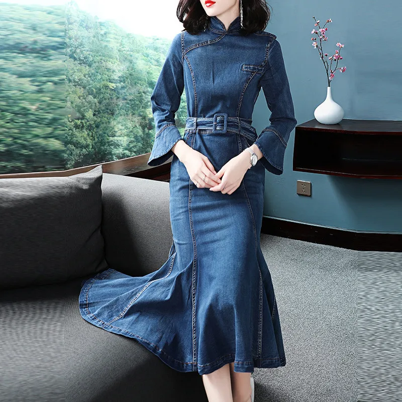Женское джинсовое платье cheongsam длинное с воротником-стойкой весна-осень 2019 |