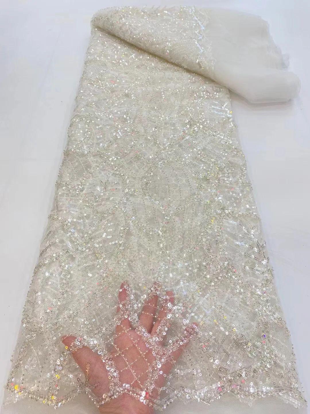 Exquisite promotional sequin + bead tube tulle fabric embroidery French lace comfortable suitable for fashionabl |