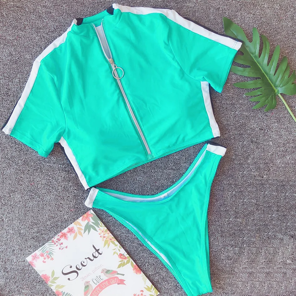 Женский купальник с короткими рукавами однотонный подкладкой пуш ап на молнии